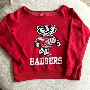 Vintage WISCONSIN Sweatshirt  Bucky BADGERS Red distressed one shoulder sz large